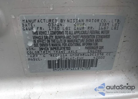 2014 Nissan Versa 1.6 Sl from USA, damaged, VIN 3N1CN7AP6EL876703